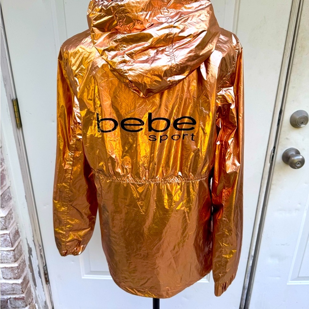 Bebe, Shiny Hooded Jacket - Metallic Gold, Size Large